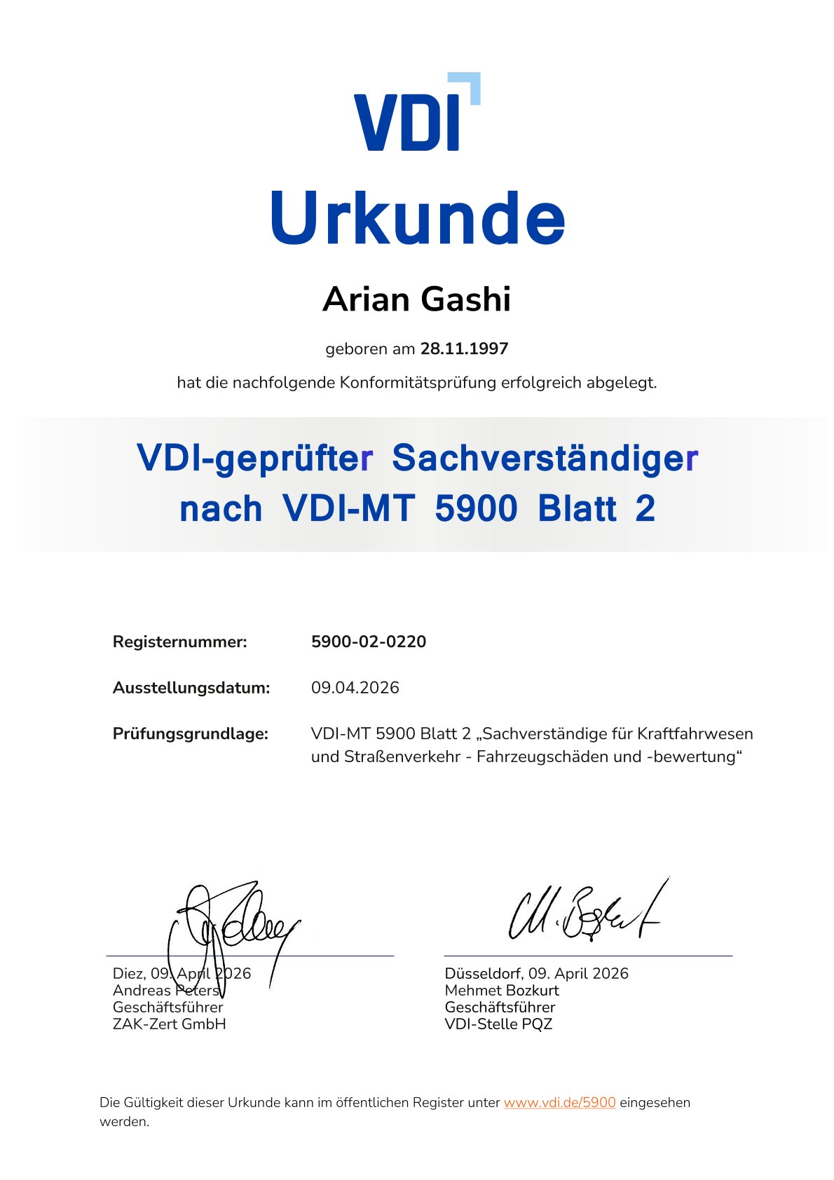 VDI Urkunde – VDI-MT 5900 Blatt 2